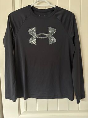 Under Armour Youth Large Black HeatGear Long Sleeve Athletic Shirt Logo Graphic